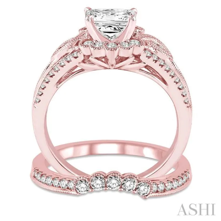 1 1/2 Ctw Diamond Wedding Set with 1 1/6 Ctw Round Cut Engagement Ring and 1/3 Ctw Wedding Band in 14K Rose Gold