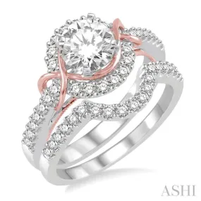 1 1/3 Ctw Diamond Wedding Set with 1 1/10 Ctw Round Cut Engagement Ring and 1/4 Ctw Wedding Band in 14K White and Rose Gold