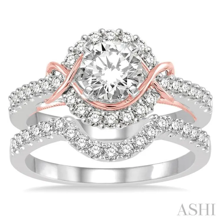 1 1/3 Ctw Diamond Wedding Set with 1 1/10 Ctw Round Cut Engagement Ring and 1/4 Ctw Wedding Band in 14K White and Rose Gold