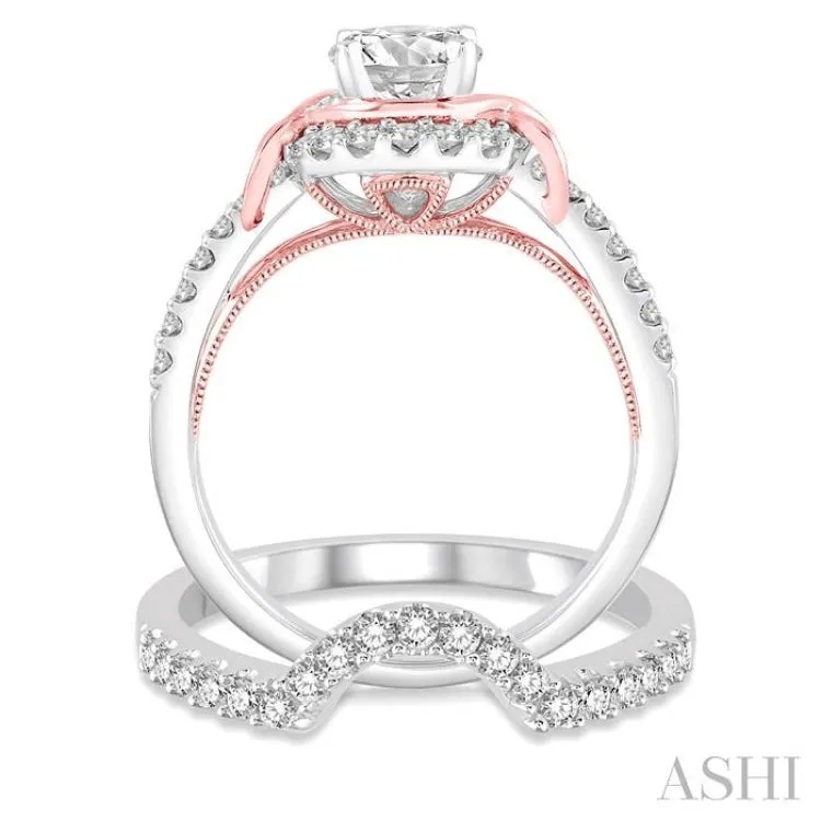 1 1/3 Ctw Diamond Wedding Set with 1 1/10 Ctw Round Cut Engagement Ring and 1/4 Ctw Wedding Band in 14K White and Rose Gold