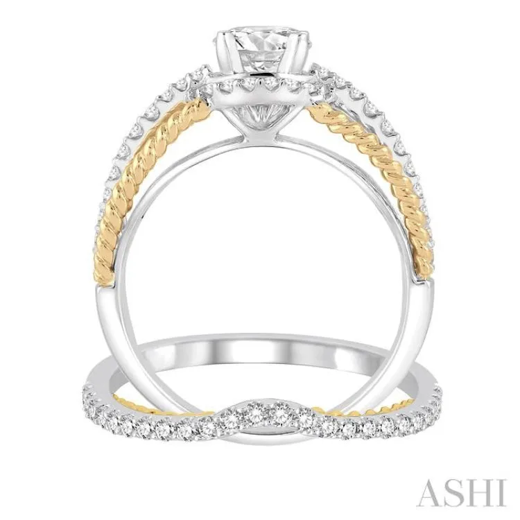 1 1/3 Ctw Diamond Wedding Set with 1 1/10 Ctw Round Cut Engagement Ring and 1/4 Ctw Wedding Band in 14K White and Yellow Gold