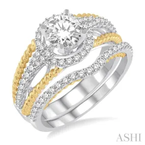 1 1/3 Ctw Diamond Wedding Set with 1 1/10 Ctw Round Cut Engagement Ring and 1/4 Ctw Wedding Band in 14K White and Yellow Gold