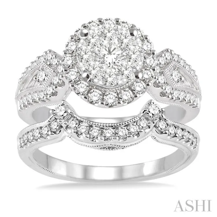 1 1/6 Ctw Diamond Lovebright Wedding Set with 7/8 Ctw Engagement Ring and 1/4 Ctw Wedding Band in 14K White Gold