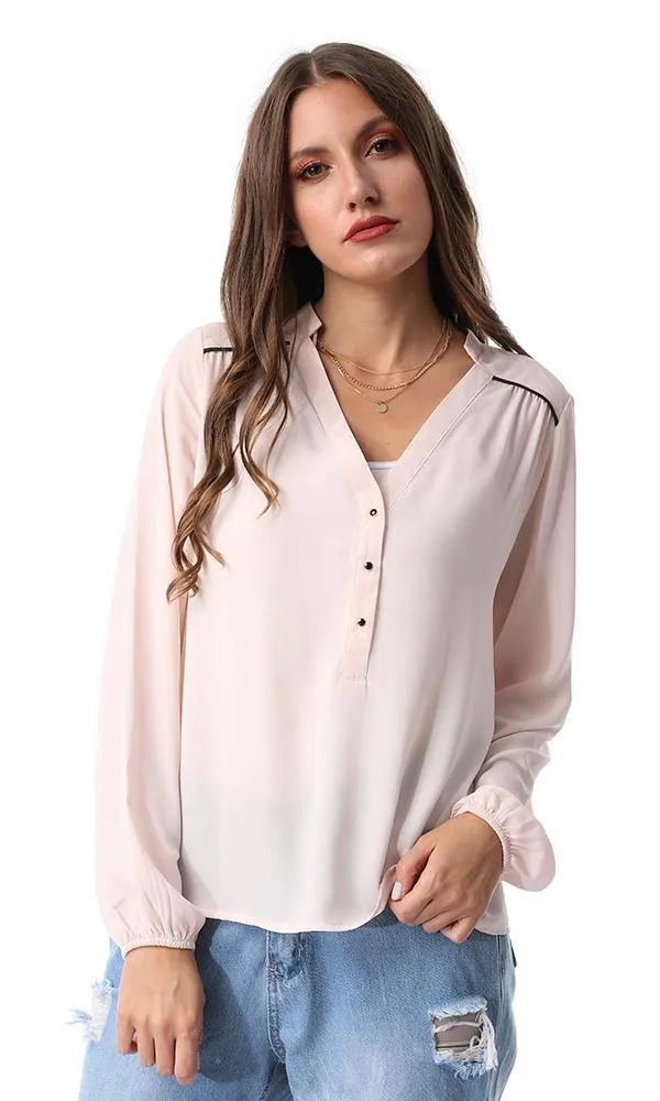 54514 Soft Chiffon Buttoned Neck Shirt Bisque