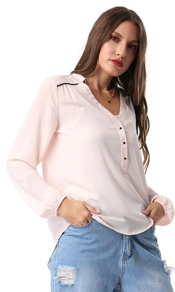 54514 Soft Chiffon Buttoned Neck Shirt Bisque