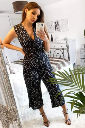 Black Ditsy Wrap Jumpsuit