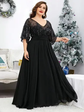 Black Lace Sequins Half Sleeve Plus Size Evening Dress