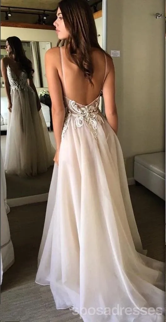 Champagne Spaghetti Straps Backless Cheap Wedding Dresses Online, Cheap Bridal Dresses, WD611