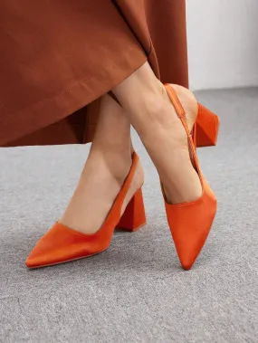 CUCCOO BIZCHIC Women's Fashionable And Vibrant Orange-Colored Back Carry Simple Chunky Heeled Pointed-Toe Shoes For Commute, Date, Party, Or Vacation