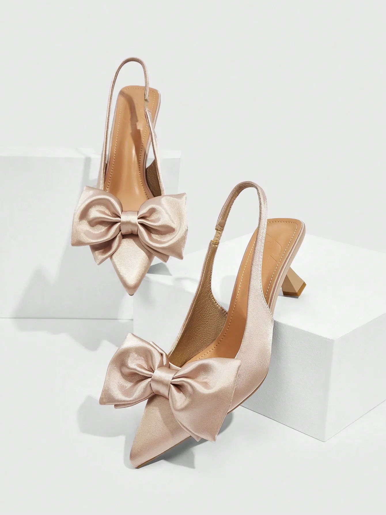 Elegant Champagne-Colored High Heel Pumps with Large Bow for Women - Perfect for Work, Dates, Parties, Weddings, and Vacations