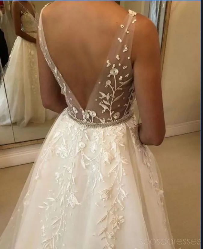 Elegant Lace V Neck Backless Cheap Wedding Dresses Online, Cheap Bridal Dresses, WD483