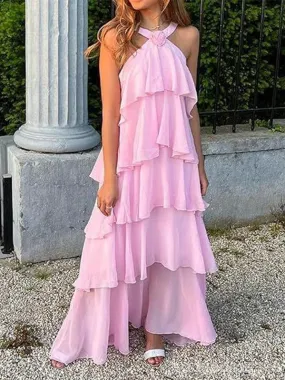 Elegant Pink A-Line Halter Maxi Dress for Parties and Prom - Long Evening Gown, Style 13515