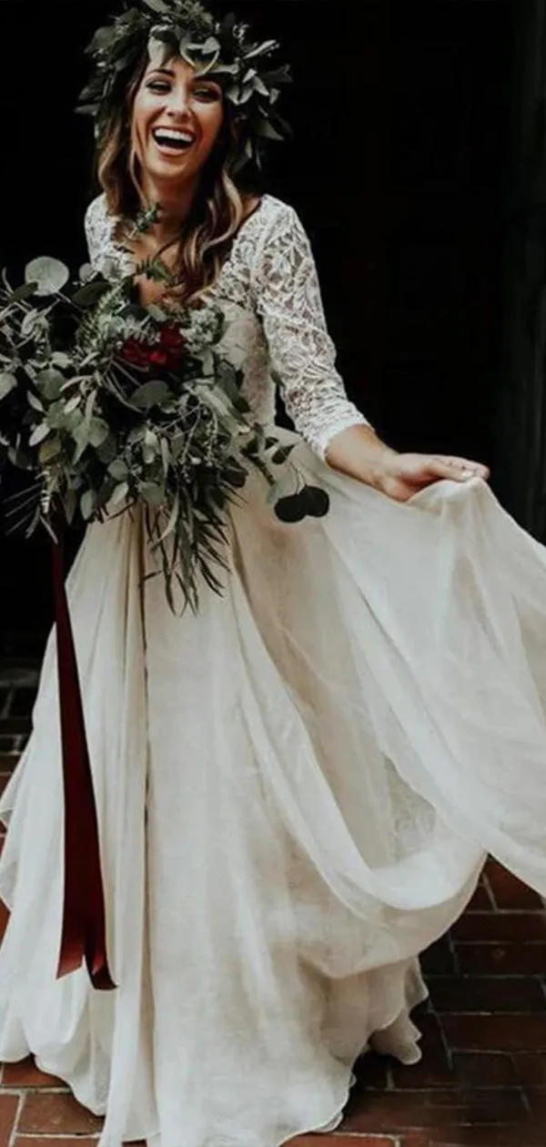 Popular Elegant Bridal Wedding Gown with V-Neck, 3/4 Sleeves, and Applique Details