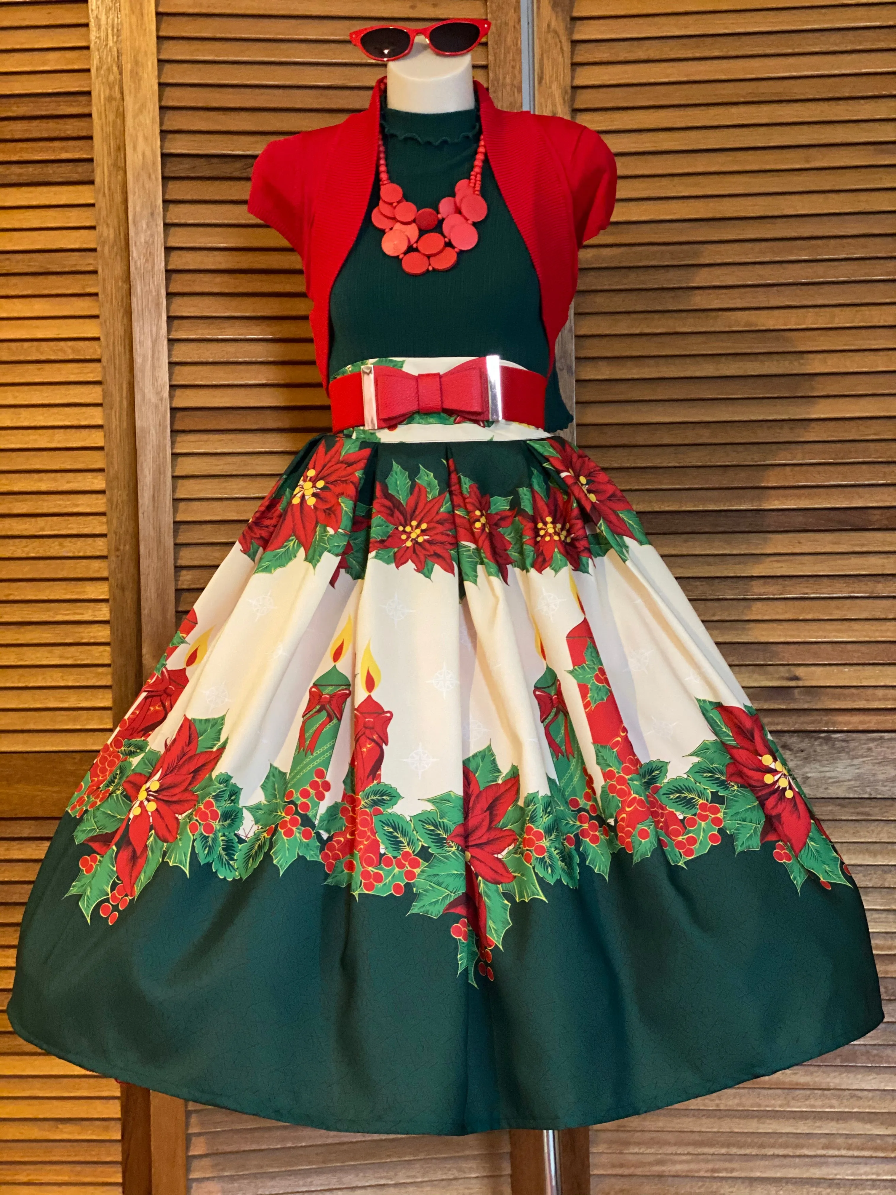 Christmas Double Box Pleated Skirt with Festive Holiday Design