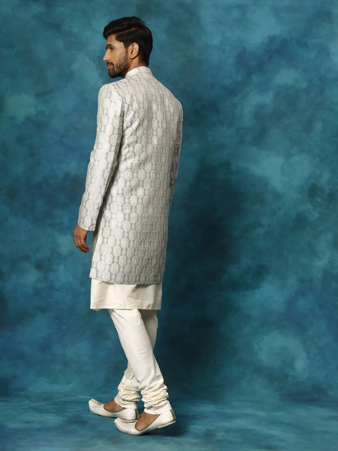 Jashvi Men's Grey Imported Jacquard Indo With Kurta Pyjama Set