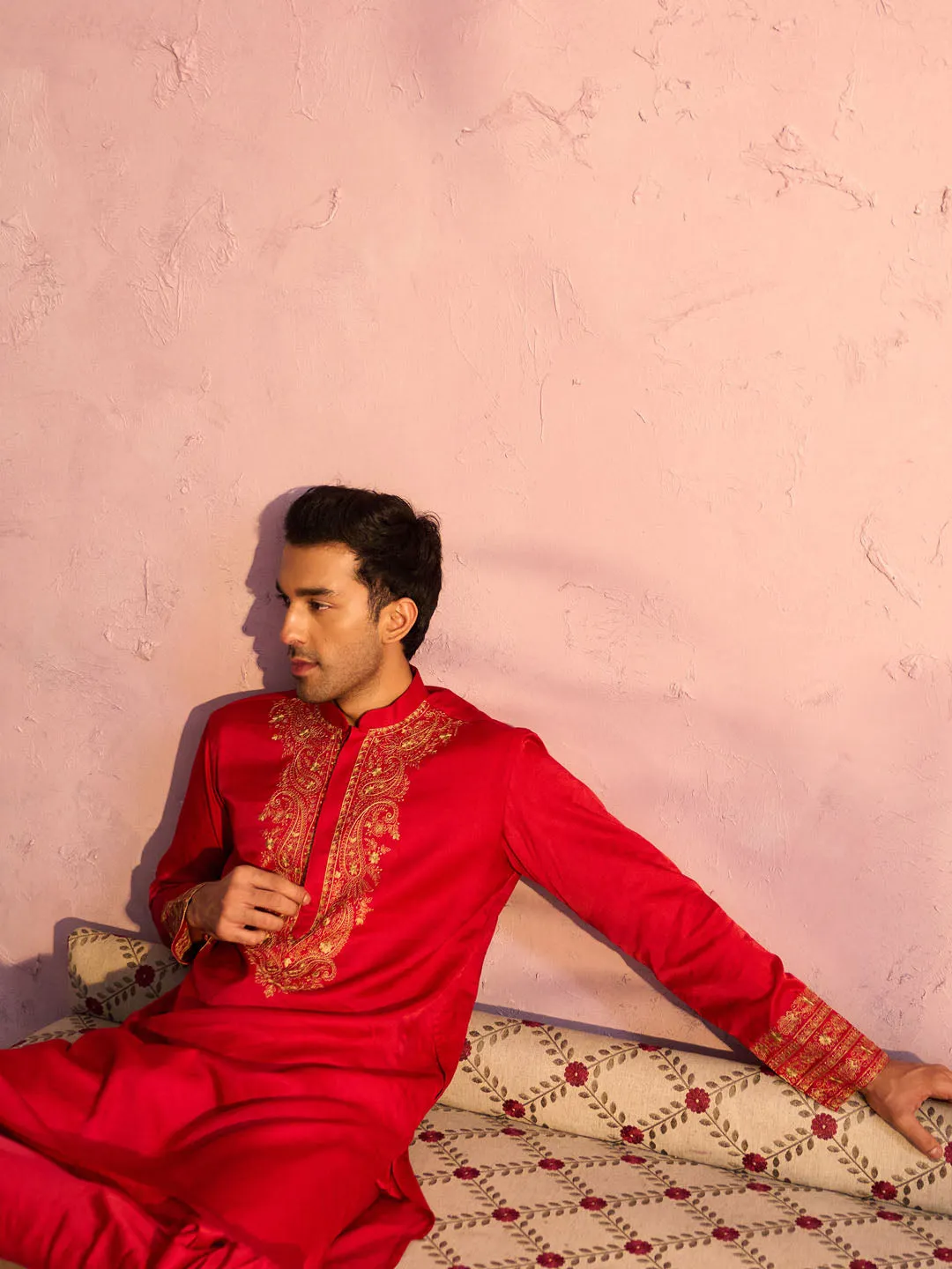 Jashvi Men's Red Silk Embroidered Ethnic Kurta With Pant Set