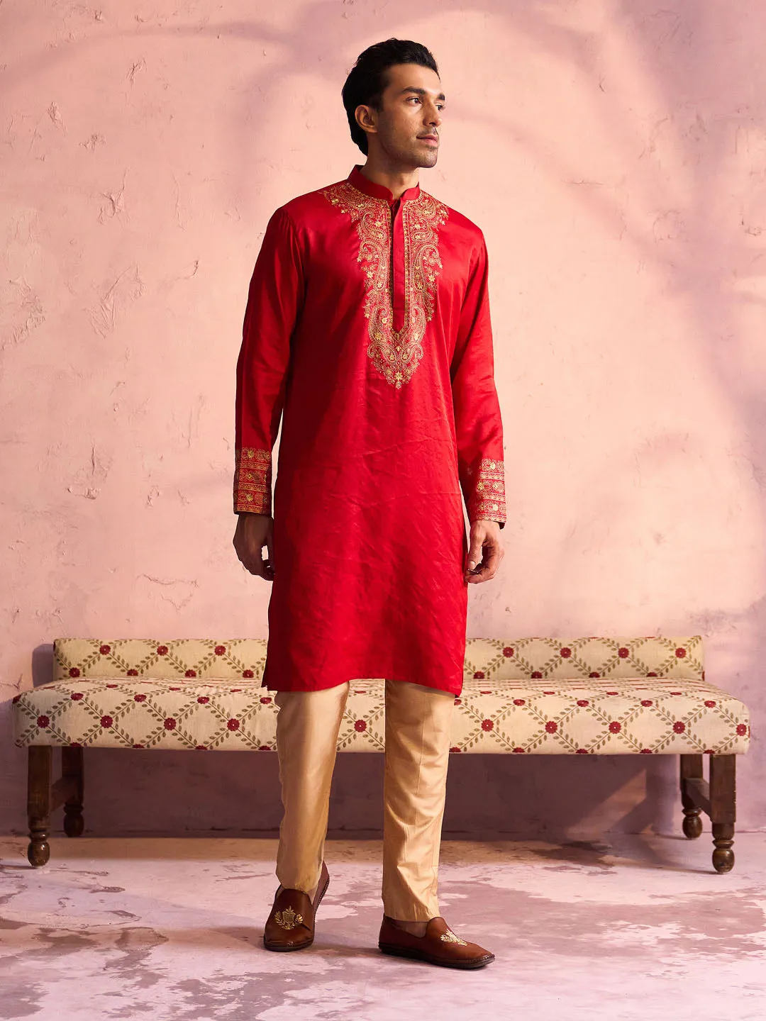 Jashvi Men's Red Silk Embroidered Ethnic Kurta With Pant Set