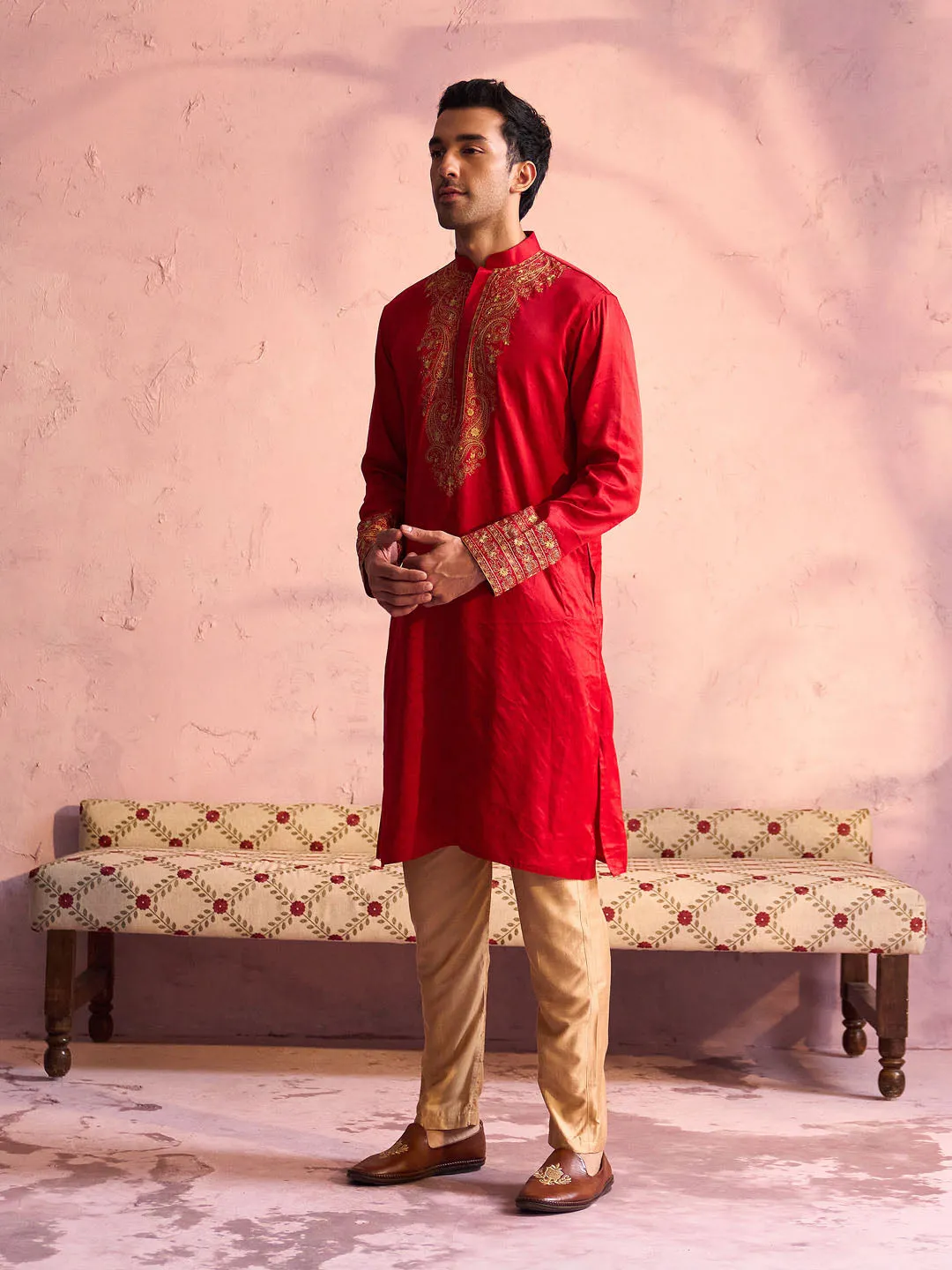 Jashvi Men's Red Silk Embroidered Ethnic Kurta With Pant Set