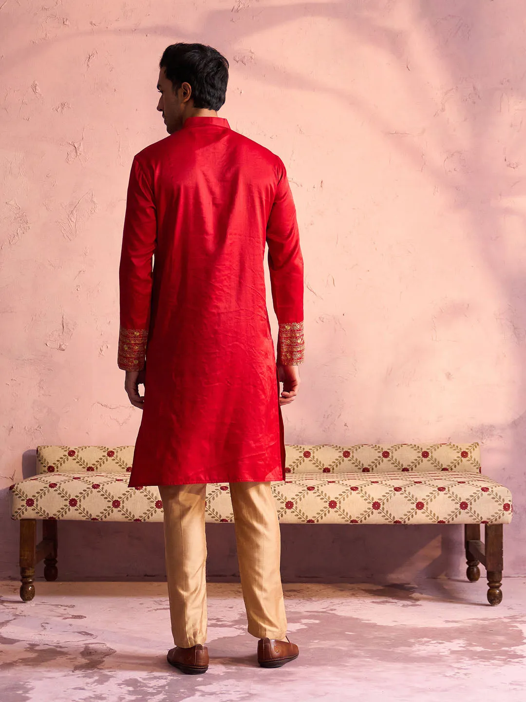 Jashvi Men's Red Silk Embroidered Ethnic Kurta With Pant Set