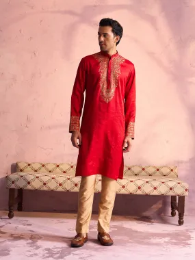 Jashvi Men's Red Silk Embroidered Ethnic Kurta With Pant Set