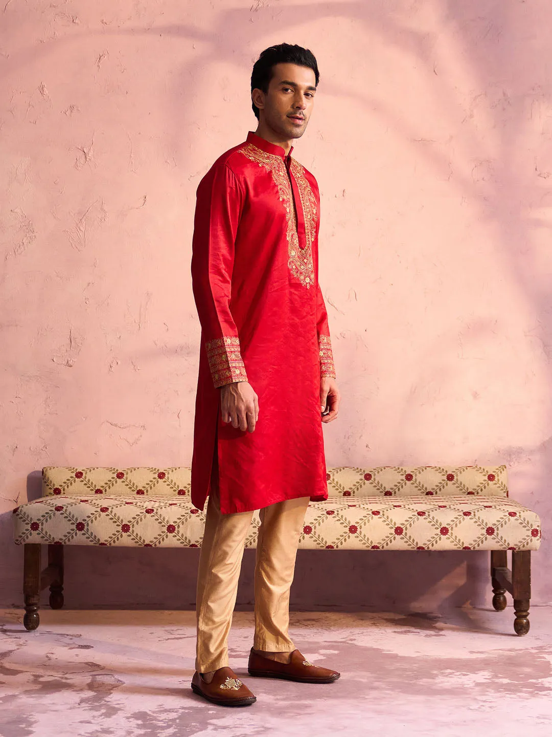 Jashvi Men's Red Silk Embroidered Ethnic Kurta With Pant Set