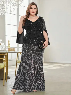 Plus Size Elegant Sequin Split Sleeve Evening Dress