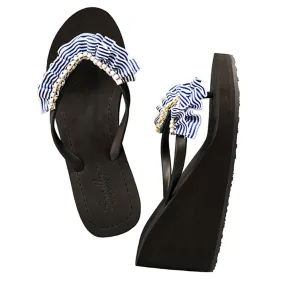 Rockaway Stripe - Marine Blue and white Rhine Stone Embellished Women's High Wedge Flip Flops Sandal