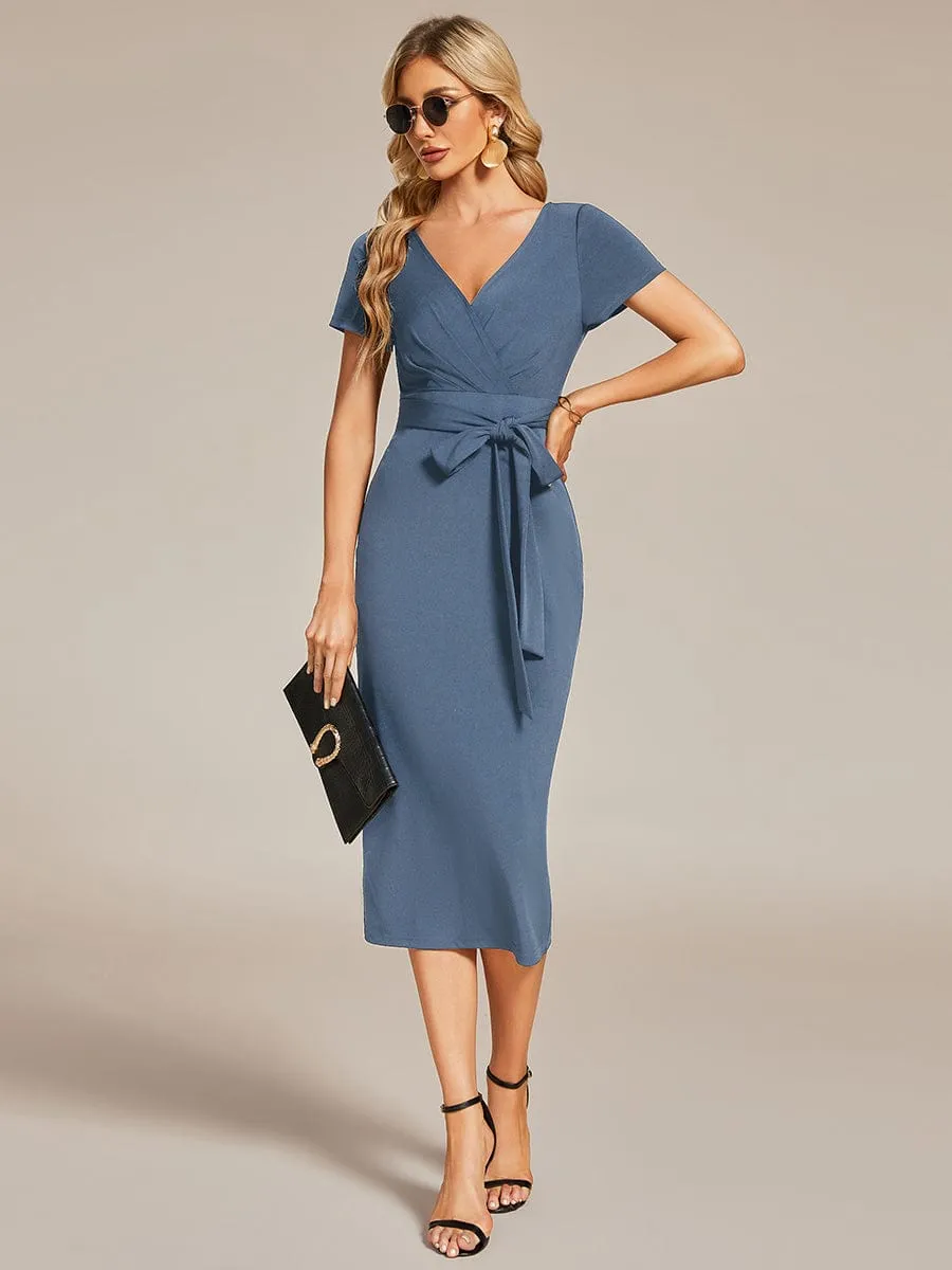 Short Sleeves V-Neck Tie-Waist Sheath Wedding Guest Dress