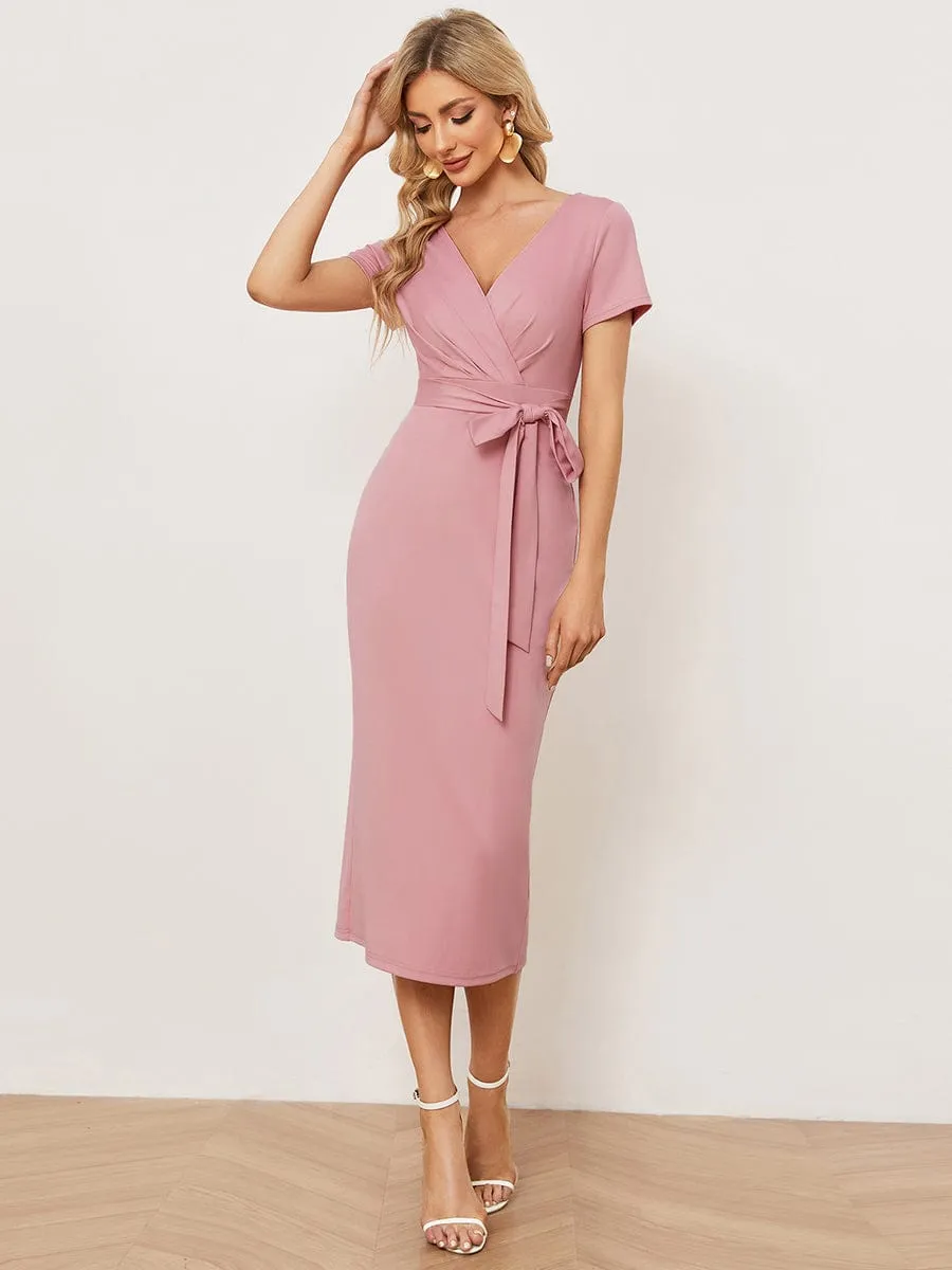 Short Sleeves V-Neck Tie-Waist Sheath Wedding Guest Dress