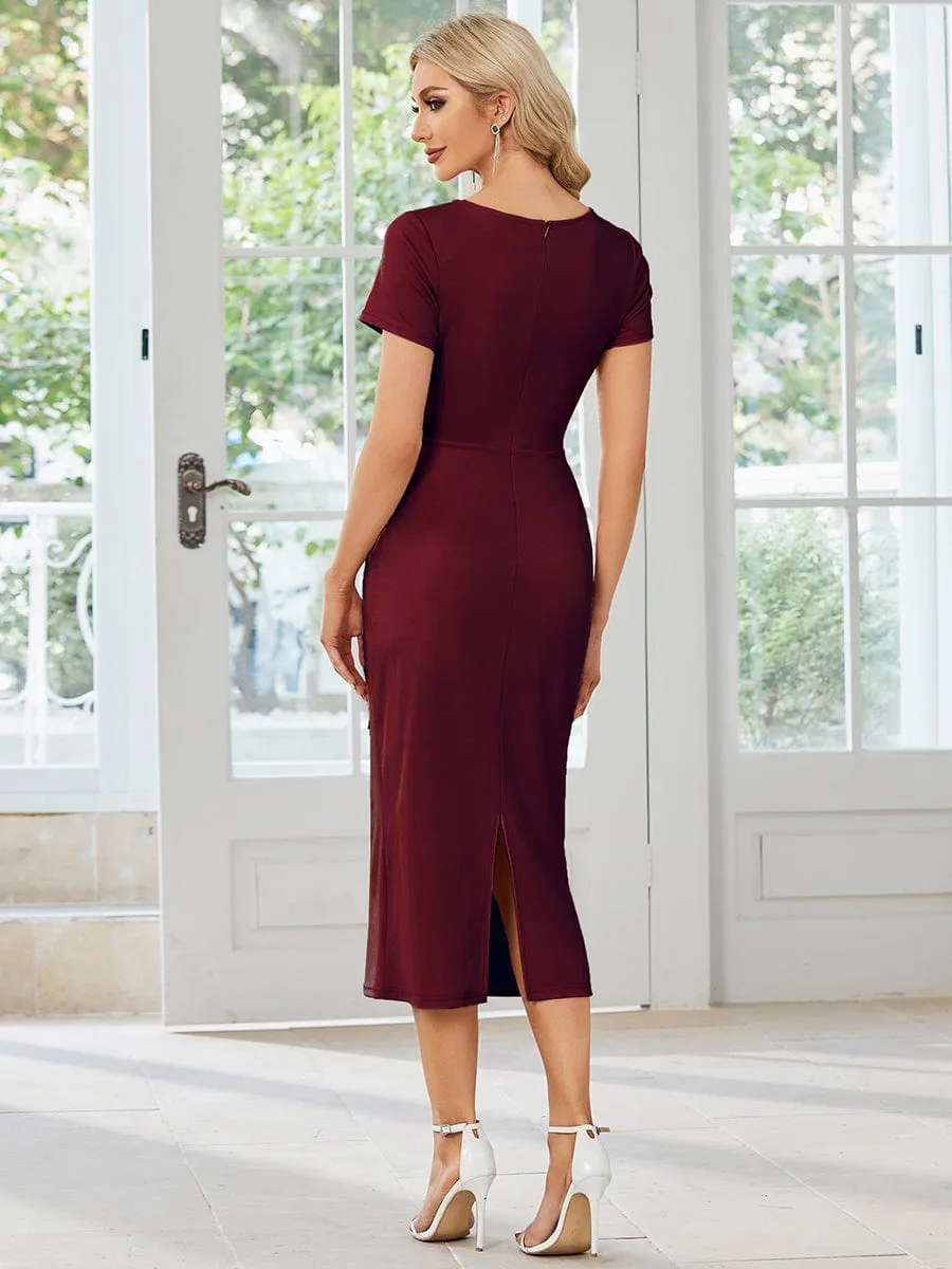 Short Sleeves V-Neck Tie-Waist Sheath Wedding Guest Dress