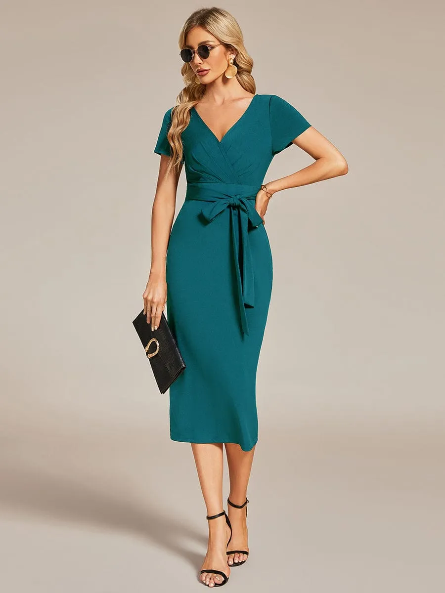 Short Sleeves V-Neck Tie-Waist Sheath Wedding Guest Dress