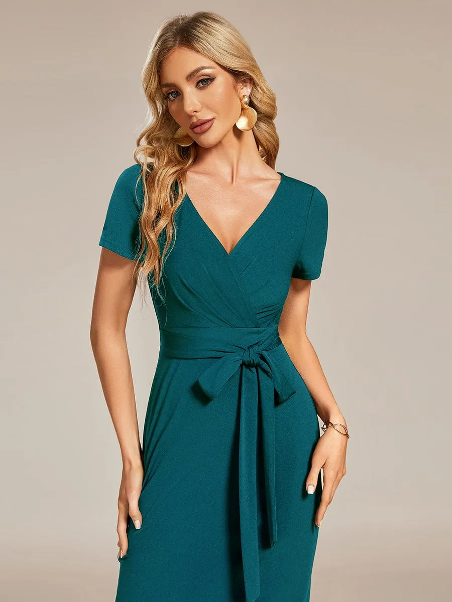 Short Sleeves V-Neck Tie-Waist Sheath Wedding Guest Dress